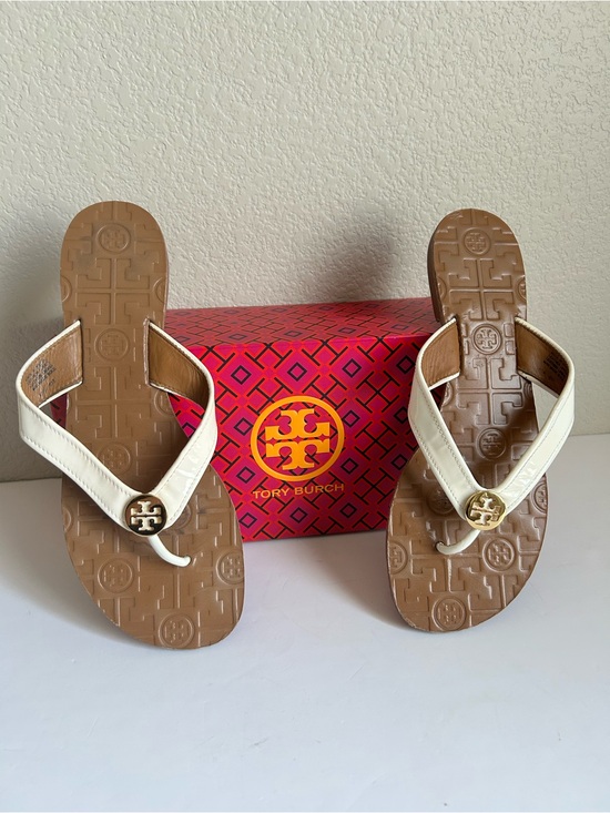 Tory Burch Shoes - Tory Burch OFF White Leather Thong Sandals with Gold Logo